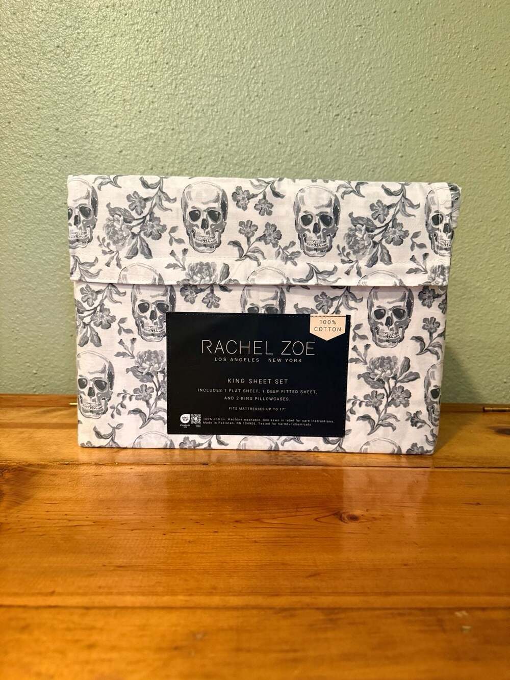 Rachel Zoe King Sheet Set 100% Cotton Grey Floral Skulls HTF Rare Sold out